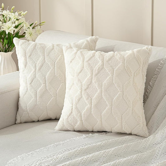 Pack of 2 Faux Wool Throw Pillow Covers 20X20 Inches Decorative Farmhouse Velvet Couch Pillow Case Soft Plush Square Boho Cushion Pillowcase, Cream Beige