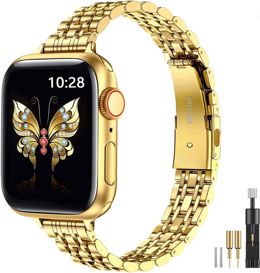 Slim Metal Band Compatible with Apple Watch Band 41Mm 40Mm 38,Mm,Dressy Stainless Steel Chain Strap for Women Iwatch Bands Series 9 8 7 6 5 4 3 2 1 Se,Gold