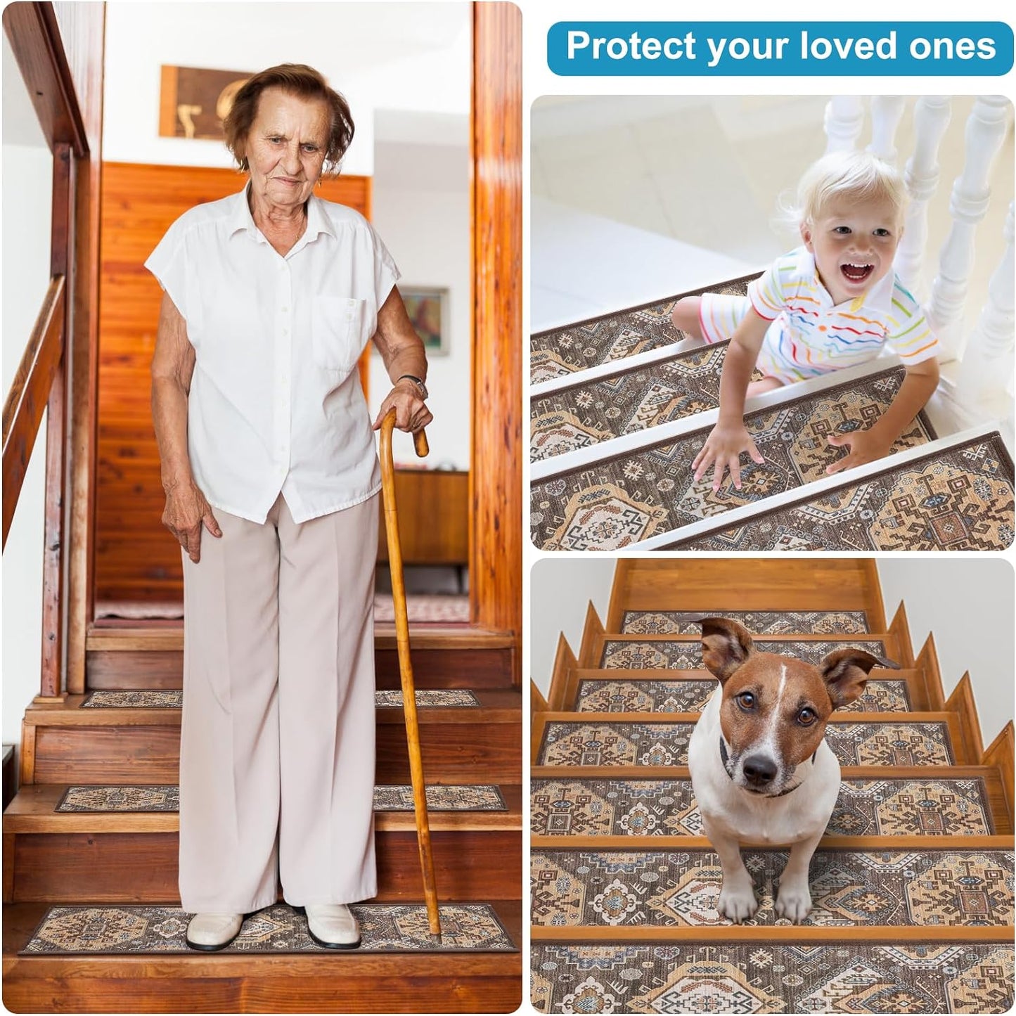 Non-Slip Carpet Stair Treads for Wooden Steps Indoor Set of 15 Pack 8" X 30" Peel and Stick Reusable Staircase Stair Runners Rugs, Soft Safety for Dogs, Kids & Elders, Stairway Grip, Brown