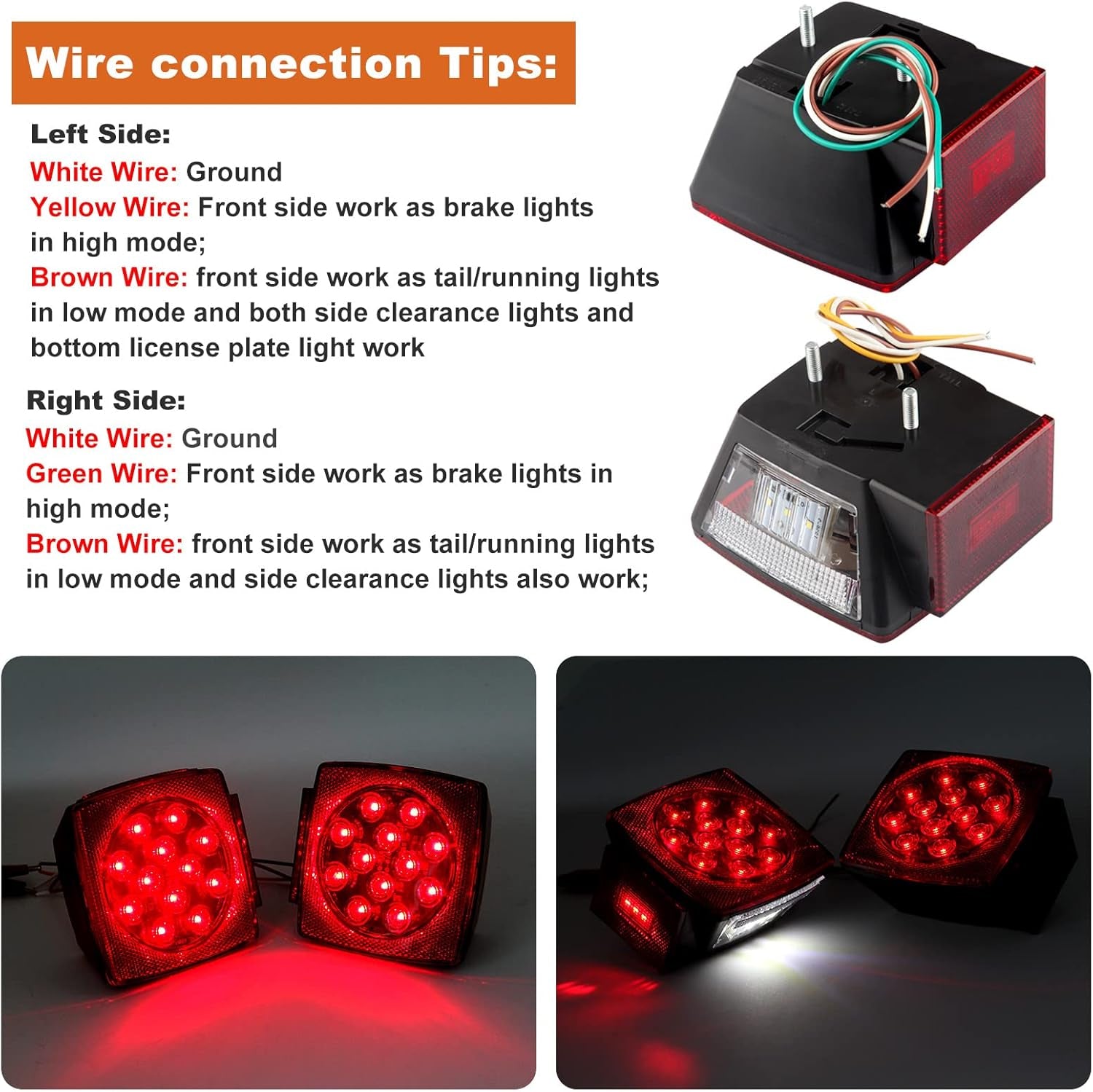 12V Trailer Led Light Kit, 2X Square Led Stop Turn Tail Brake License Plate Running Lights W/ 25Ft Wiring Harness/6X Mini Marker Lights/15" 11LED Trailer Tail Brake Light Bar/License Plate Bracket