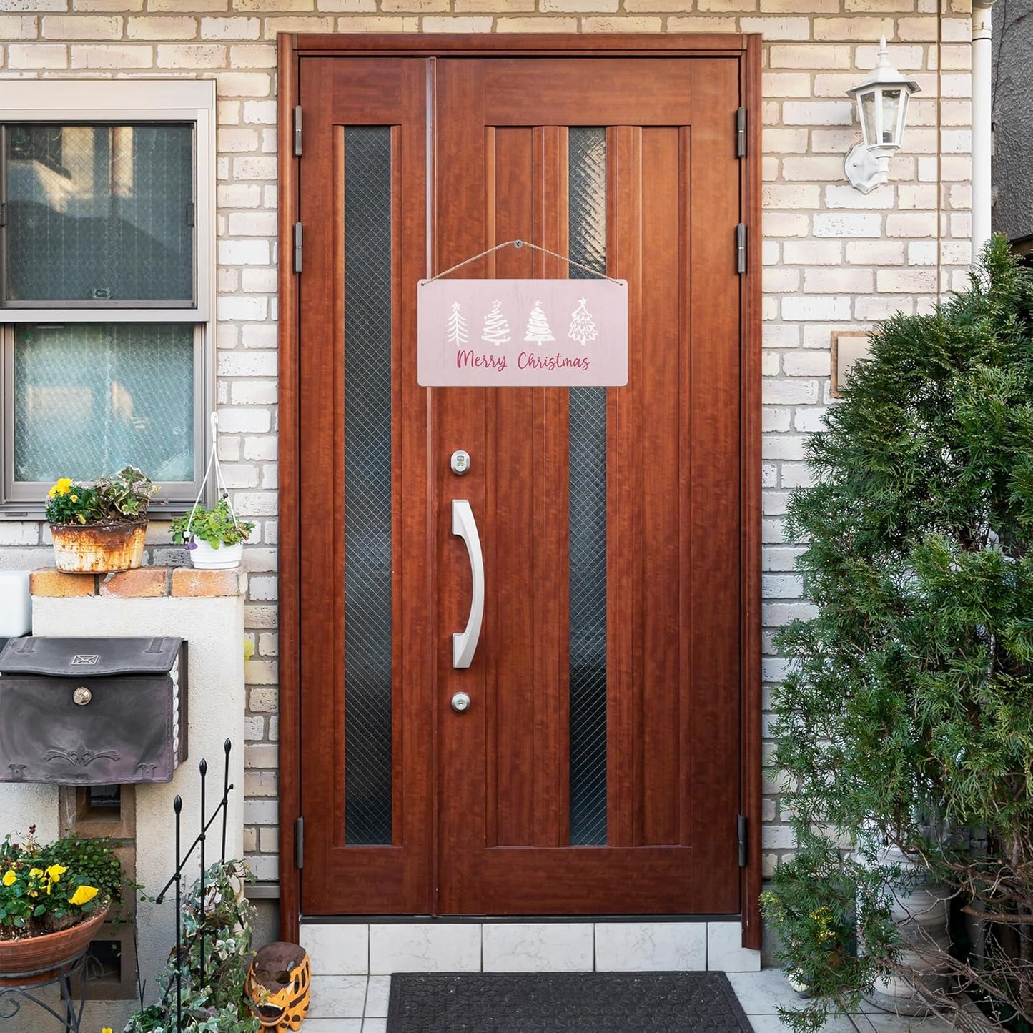Pink Christmas Trees Hanging Wooden Signs 12X6, Merry Christmas Signs, Christmas Door Sign, Pink Christmas Decorations, Christams Trees Signs for Home Room Office Hanging Wall Decor