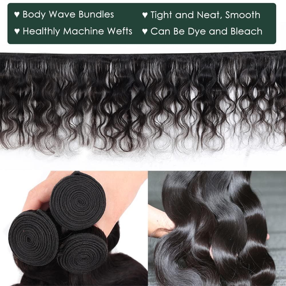 12A Brazilian Human Hair Bundles Body Wave 3 Bundles with Lace Closure 4X4 Free Part 100% Unprocessed Remy Human Hair Bundles with Closure Wet and Wavy Double Weft Natural Color (14 16 18+12)