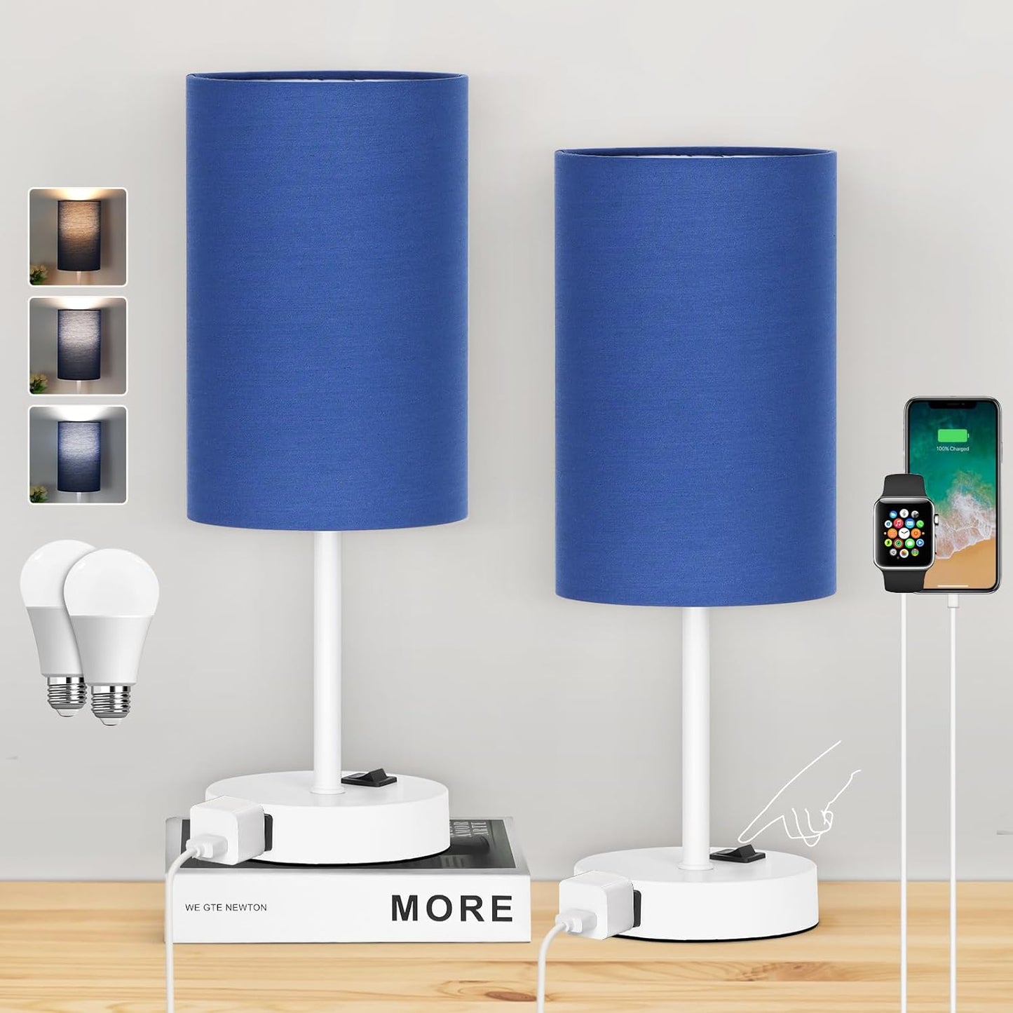 Table Lamp for Bedroom Set of 2, Bedside Small Lamps with 3 Way Dimmable Rocker Switch and AC Outlet, Nightstand Desk Lamp with Blue Fabric Shade White Base for Living Room Home Decor Lights