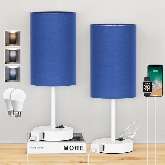 Table Lamp for Bedroom Set of 2, Bedside Small Lamps with 3 Way Dimmable Rocker Switch and AC Outlet, Nightstand Desk Lamp with Blue Fabric Shade White Base for Living Room Home Decor Lights