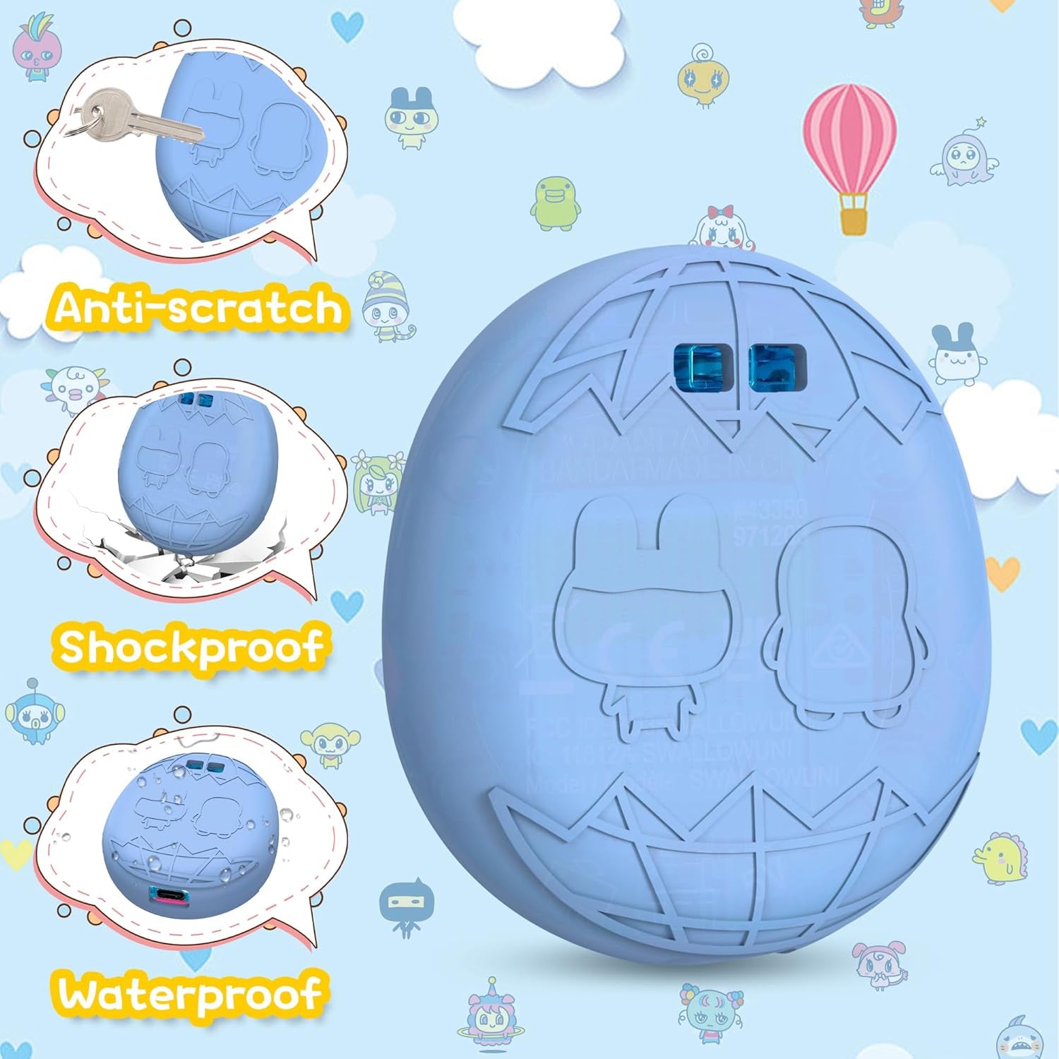 Silicone Case Compatible with Tamagotchi Uni Virtual Pet Machine, Protective Skin Sleeve Shell for Tamagotchi Uni with Finger Lanyard (Light Blue and Black) ZOUSA
