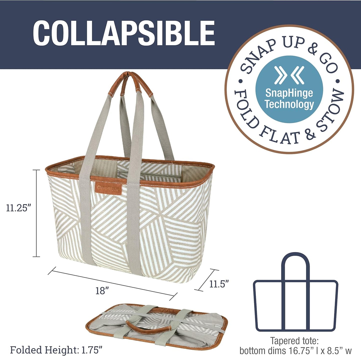 Collapsible LUXE Tote, Geometric Taupe - 30L (8 Gal) Structured Tote Bag with Handles and Reinforced Bottom - Reusable Grocery Bag, Shopping Bag, Utility Tote Bag