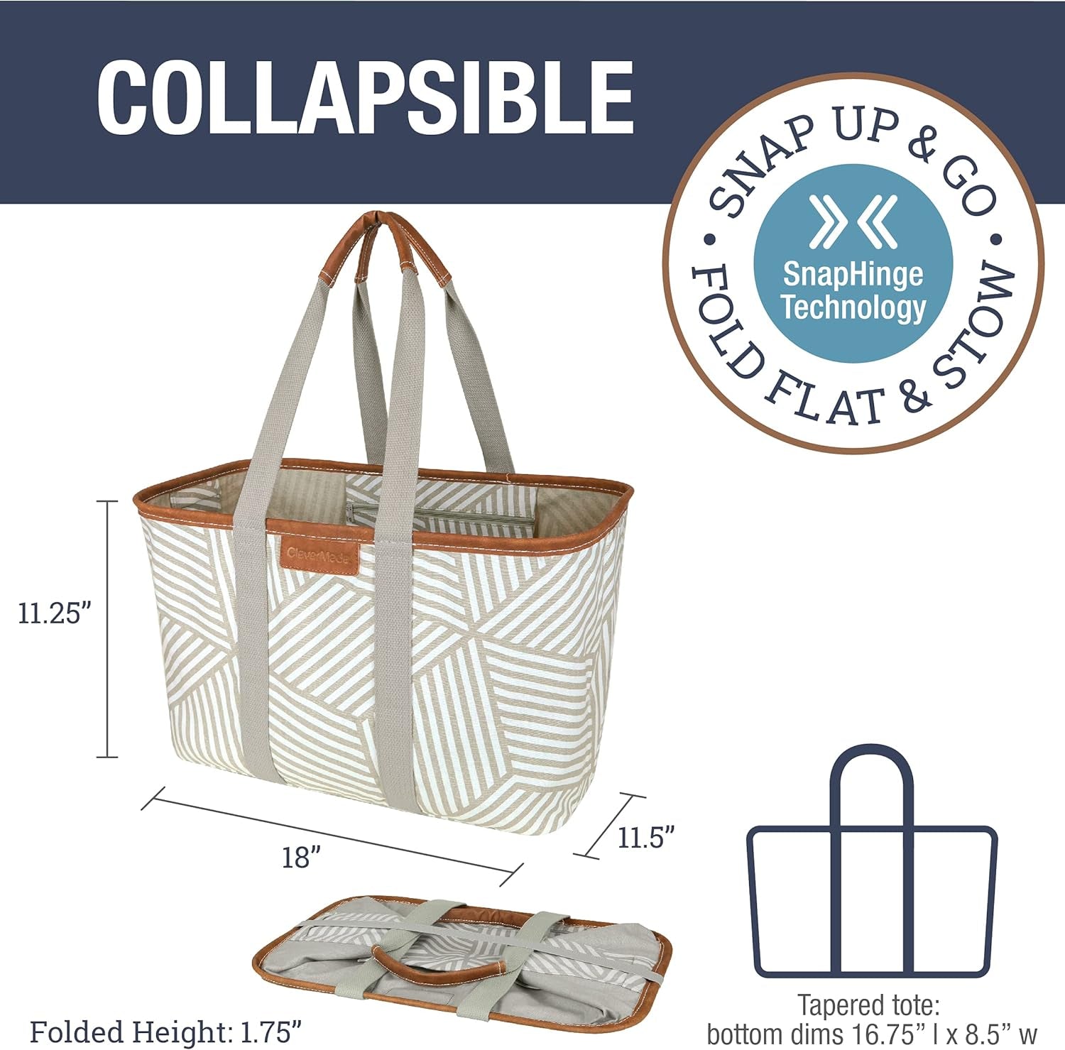 Collapsible LUXE Tote, Geometric Taupe - 30L (8 Gal) Structured Tote Bag with Handles and Reinforced Bottom - Reusable Grocery Bag, Shopping Bag, Utility Tote Bag