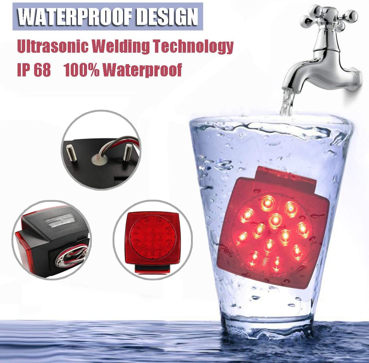 IP68 Waterproof Square LED Trailer Lights Kit - Utility Trailer Accessories with Brake Stop Tail Running License Plate Light for 12V Camper Truck Boat Snowmobile Marine under 80", DOT