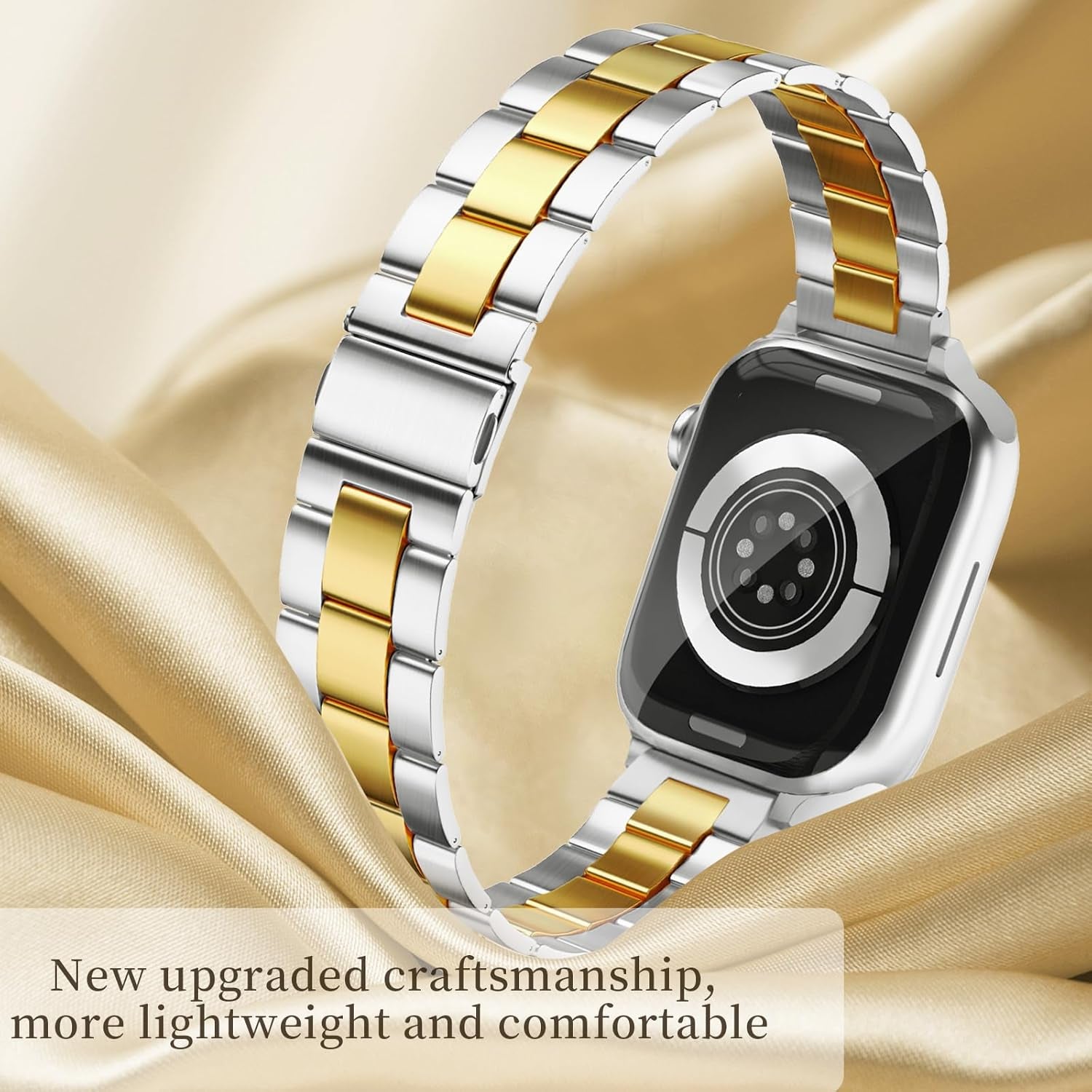 Thin Metal Bands Compatible with Apple Watch Band 38Mm 40Mm 41Mm 42Mm 44Mm 45Mm 46Mm 49Mm, Slim Stainless Steel Wristband Strap for Iwatch Ultra SE Series 10 9 8 7 6 5 4 3 2 1-Rosegold+Silver-Gold