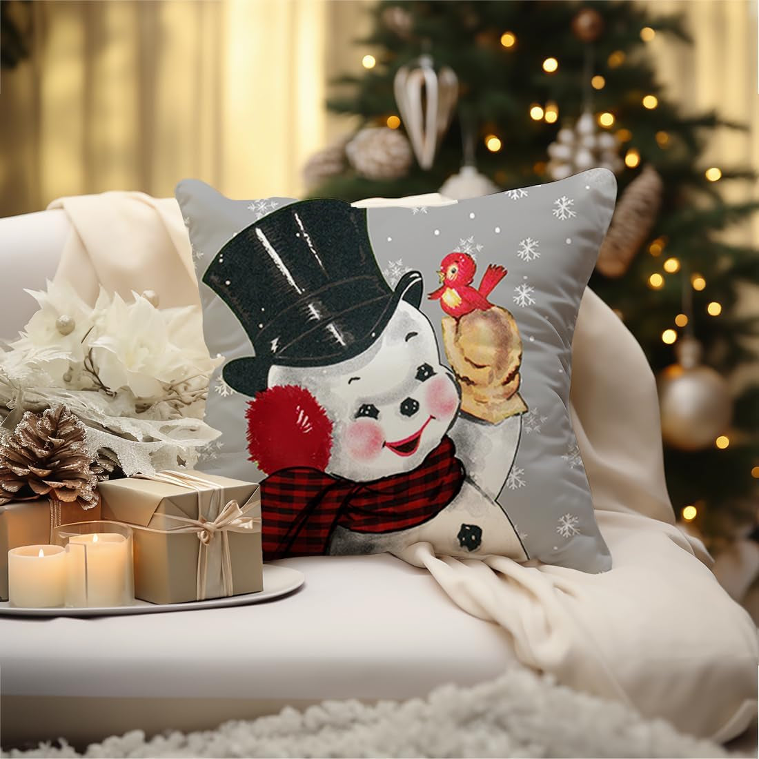 Christmas Decorations Pillow Covers 16×16 Set of 4 Snowflake Santa Snowman Merry Christmas Tree Joy Balls Xmas Rustic Winter Holiday Throw Pillows Christmas Decor Cushion Cases Grey-16
