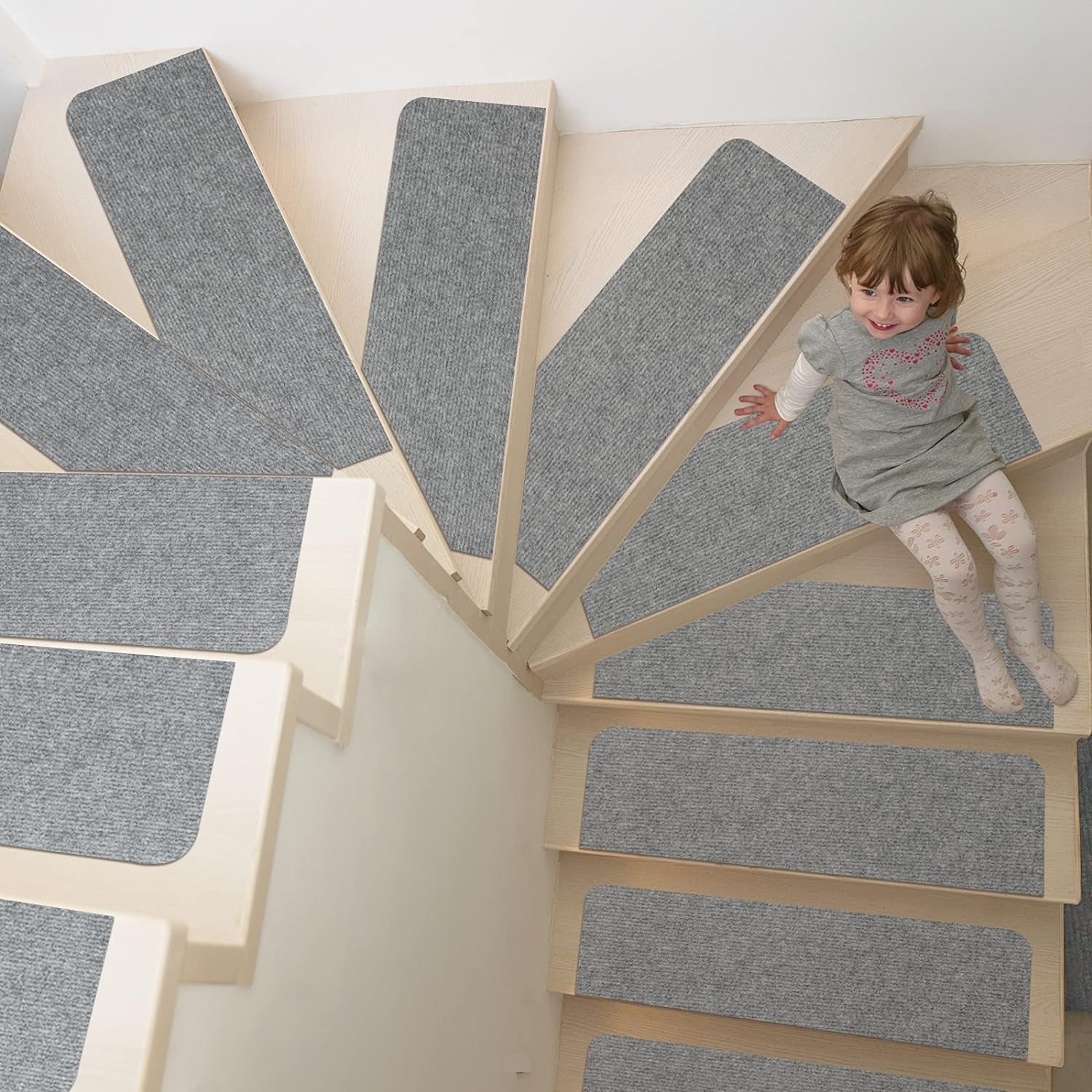 8X30In 15PCS Non-Slip Stair Treads Carpet, Self-Adhesive Stair Treads for Wooden Steps, Indoor Safety Staircase Step Treads, anti Slip Stair Runner Mats for Elders, Kids and Dogs (Light Grey)
