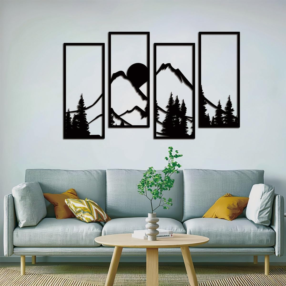 Metal Sunset Mountain Forest Wall Decor Set of 4, Minimalist Line Drawing Large Mountains Wall Art Home Decor for Living Room Bedroom Office…