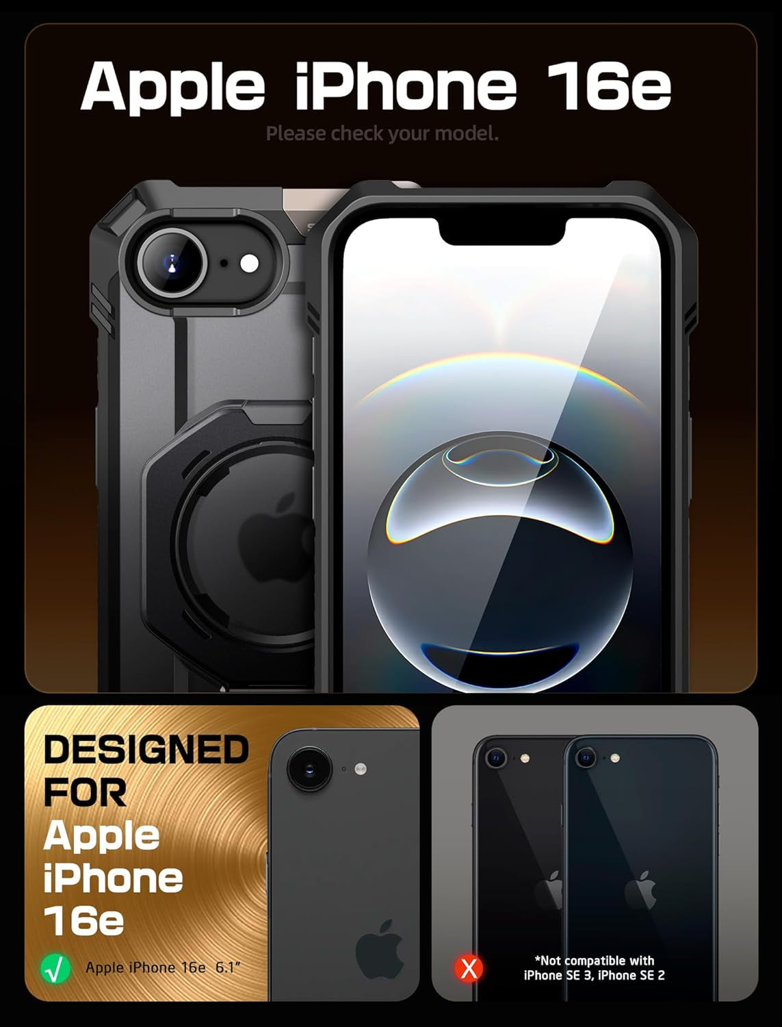 for Iphone 16E Case with Stand (Unicorn Beetle Grip), [Compatible with Magsafe] [Military-Grade Drop Protection] Heavy Duty Rugged Shockproof Magnetic Phone Case for Iphone 16E 6.1", Black