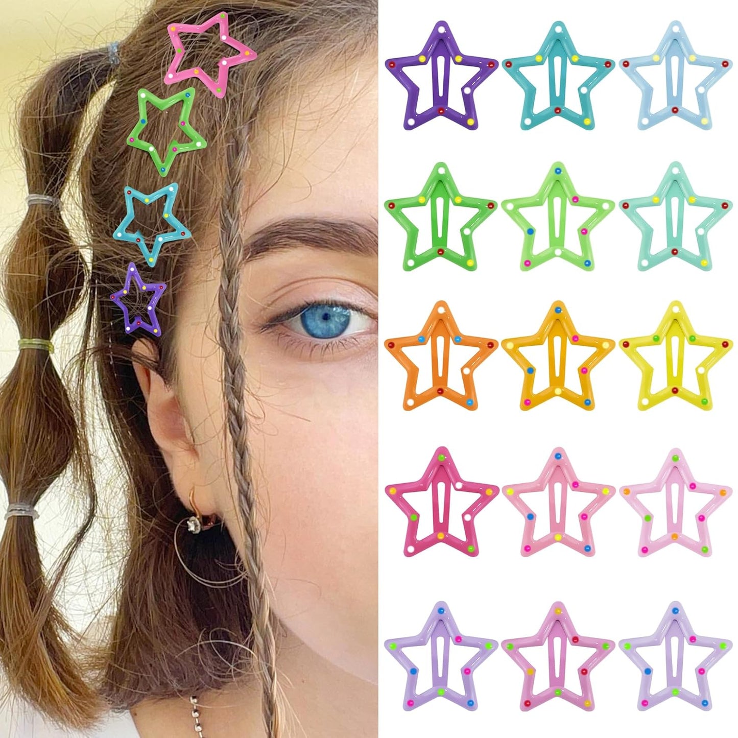 Star Hair Clips 2000S Y2K Snap Hair Barrettes Non Slip Star Hair Accessories Silver Metal Hair Clips for Girls Women -15 PCS 1.57"