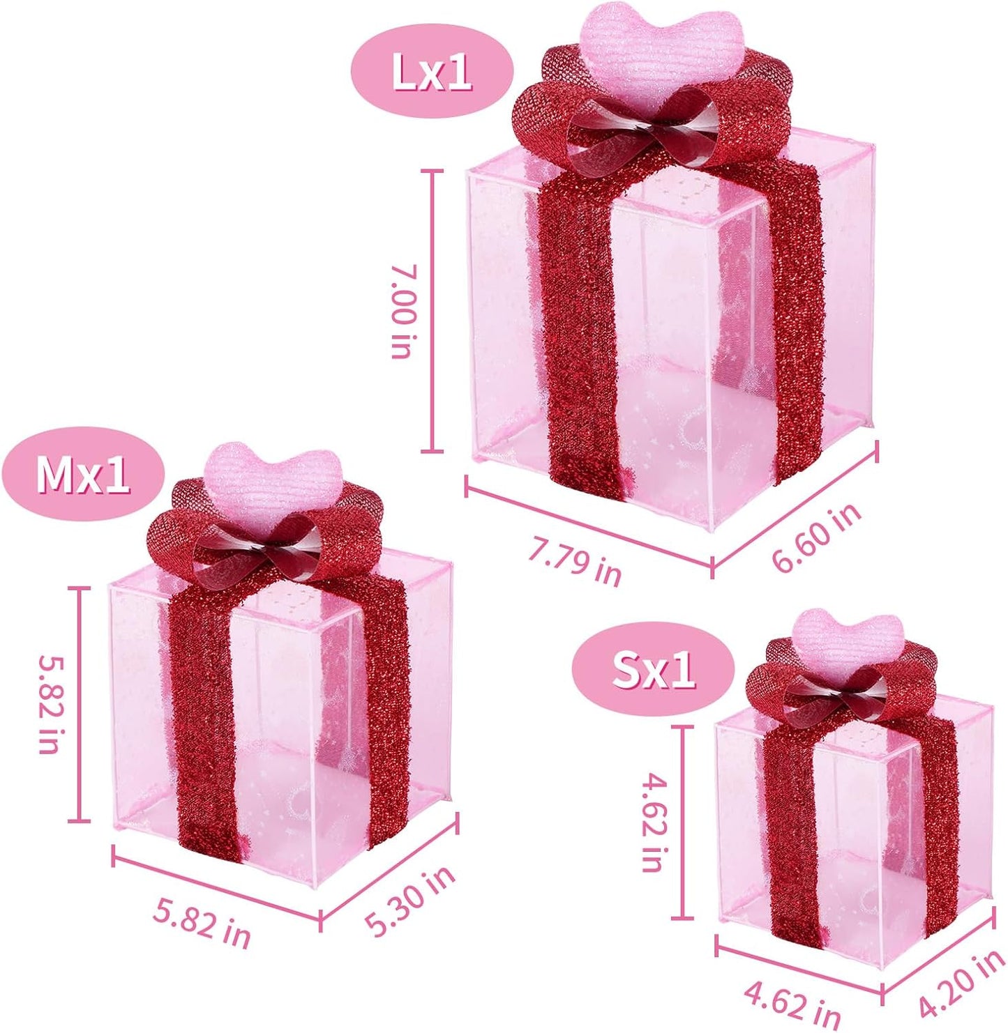 Christmas Lighted Gift Boxes with Pink Cloth, Pre-Lit Lights Gift Boxes Set of 3, Light up Present Boxes Set Battery Operated with Different Sizes for Holiday Indoor Outdoor Decorations