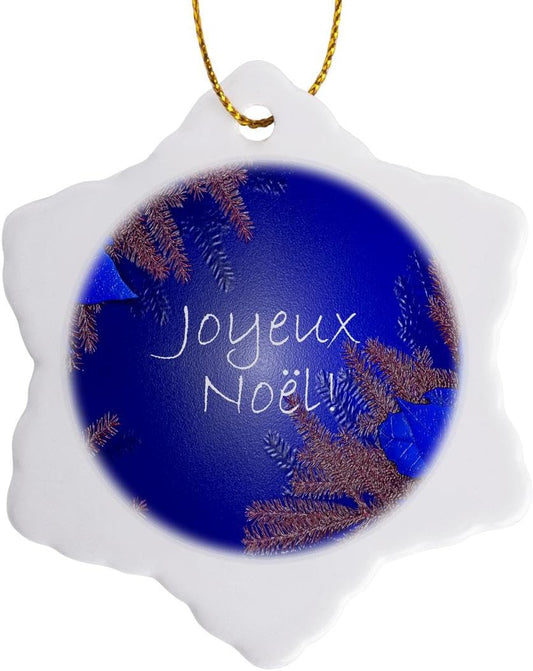Orn_8673_1 Christmas Poinsettia Joyeux Noel in Blue Porcelain Snowflake Ornament, 3-Inch