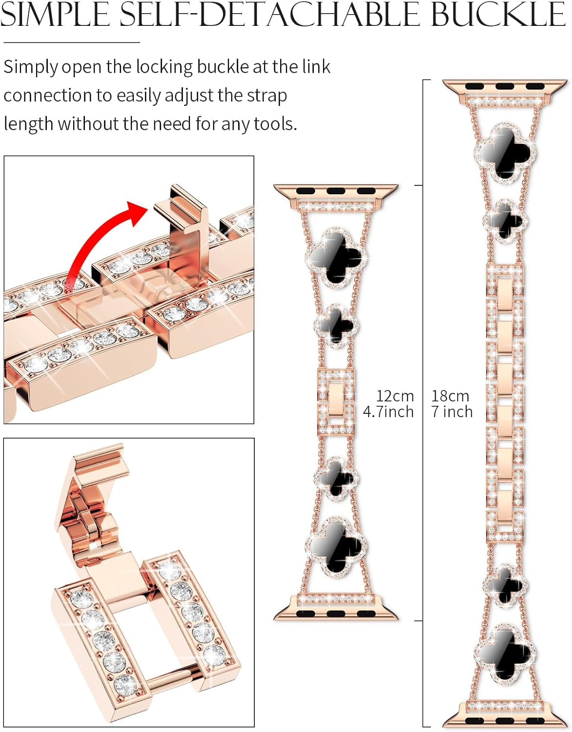 Bling Womens Band Compatible with Apple Watch Band 42Mm 44Mm 45Mm Series 9 8 7 6 5 4 3 2 1 SE, Sparkle Diamond Replacement Bracelet Wristband, Cute Lucky Clover Dressy Iwatch Band,Rose Gold/Black