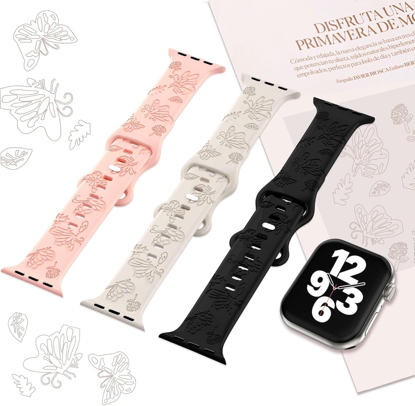 3 Pack Stylish Floral Engraved Smartwatch Bands for Women, Durable Soft Silicone Iwatch Bands Compatible with Apple Watch Series 44Mm 40Mm 38Mm 41Mm 45Mm 49Mm 42Mm Ultra 2 SE 9-1