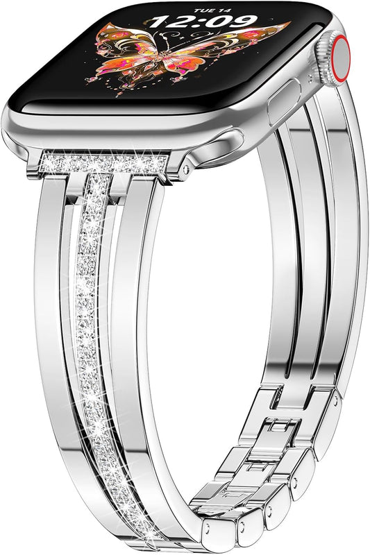 Slim Gold Band Compatible with Apple Watch 38Mm 40Mm 41Mm 42Mm 44Mm 45Mm 46Mm Women Thin Metal Strap Dressy Jewelry Bracelet with Bling Diamond for Iwatch Bands Series 10 9 8 7 6 5 4 3 SE