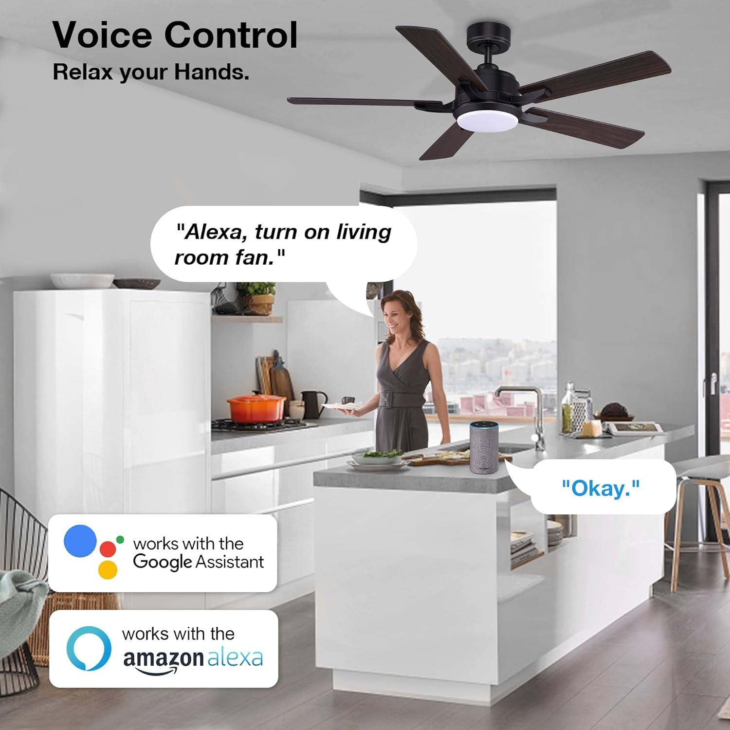 52” Smart Ceiling Fanswith Lights Remote Control,Quiet DC Motor,Outdoor Indoor Modern Farmhouse Ceiling Fan Work with Alexa App,Dimmable LED Light,Black/Brown for Bedroom Living Room Patio