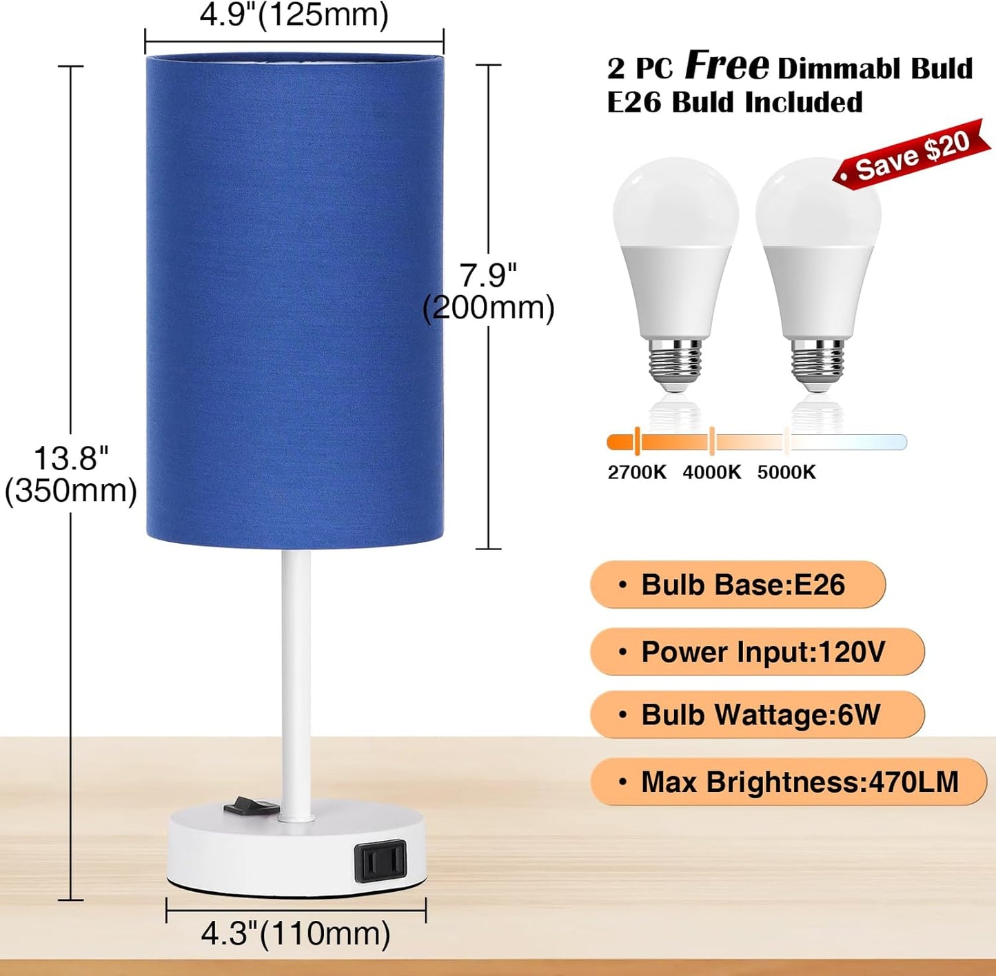 Table Lamp for Bedroom Set of 2, Bedside Small Lamps with 3 Way Dimmable Rocker Switch and AC Outlet, Nightstand Desk Lamp with Blue Fabric Shade White Base for Living Room Home Decor Lights