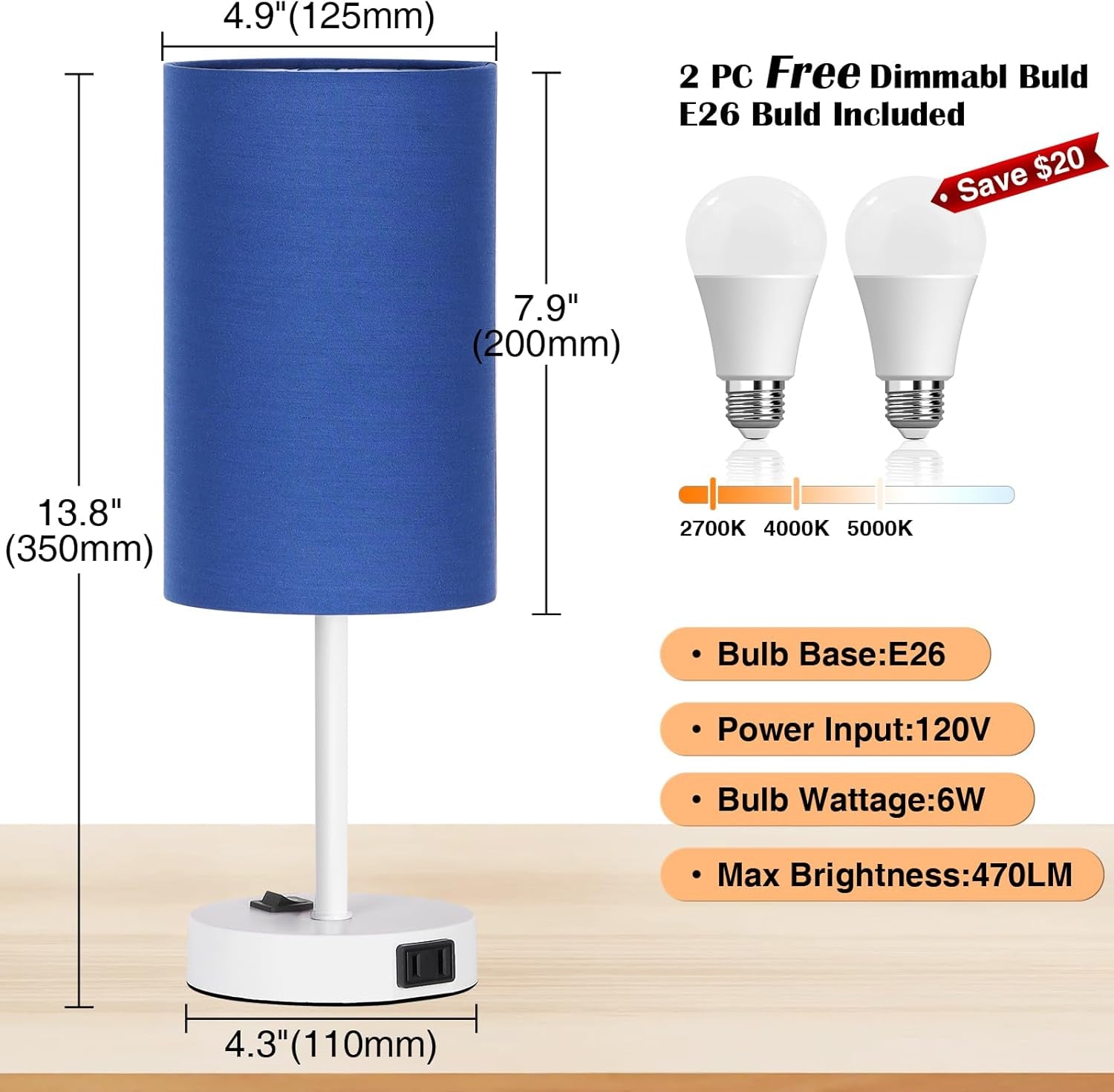 Table Lamp for Bedroom Set of 2, Bedside Small Lamps with 3 Way Dimmable Rocker Switch and AC Outlet, Nightstand Desk Lamp with Blue Fabric Shade White Base for Living Room Home Decor Lights