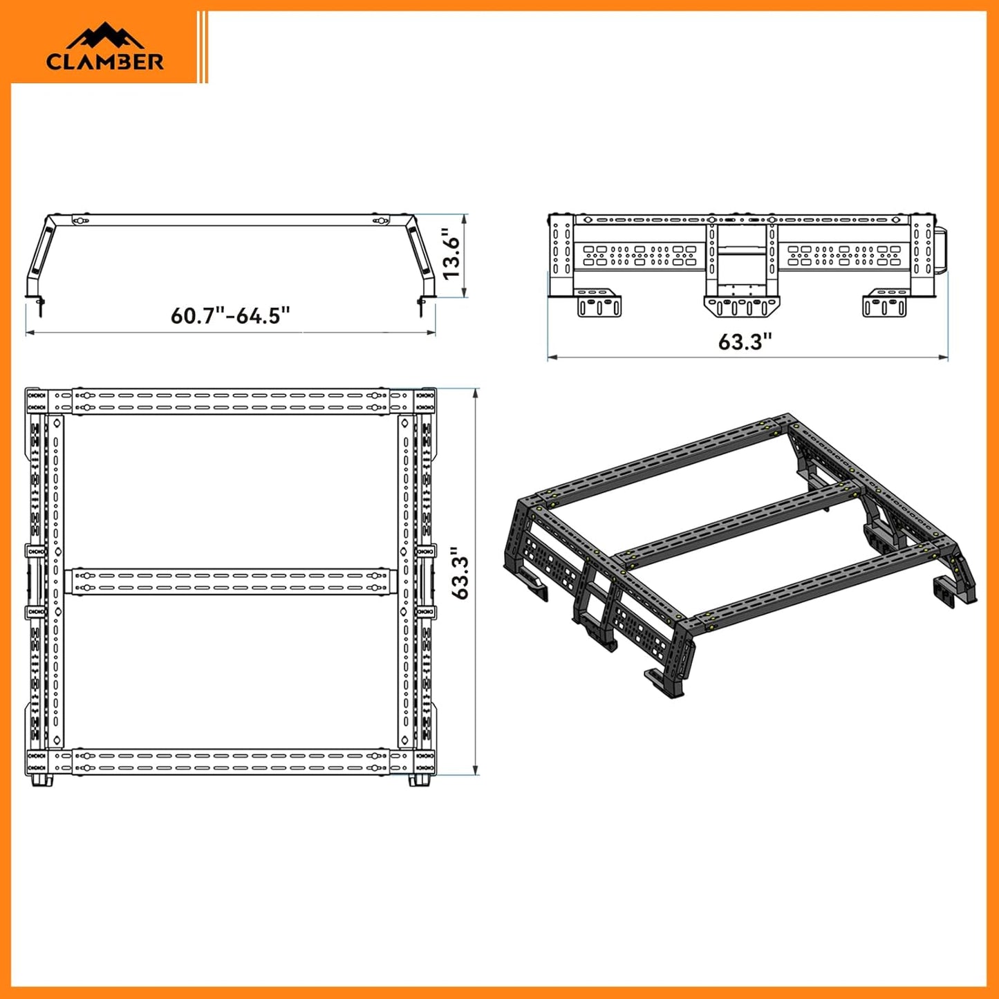 Overland Bed Rack for Full-Size Pickup With/Without Bed Rails | Adjustable Width Compatible with Ford F-Series,Silverado,Sierra,Ram, Titan & Xd,Tundra(See Image for Size Chart)