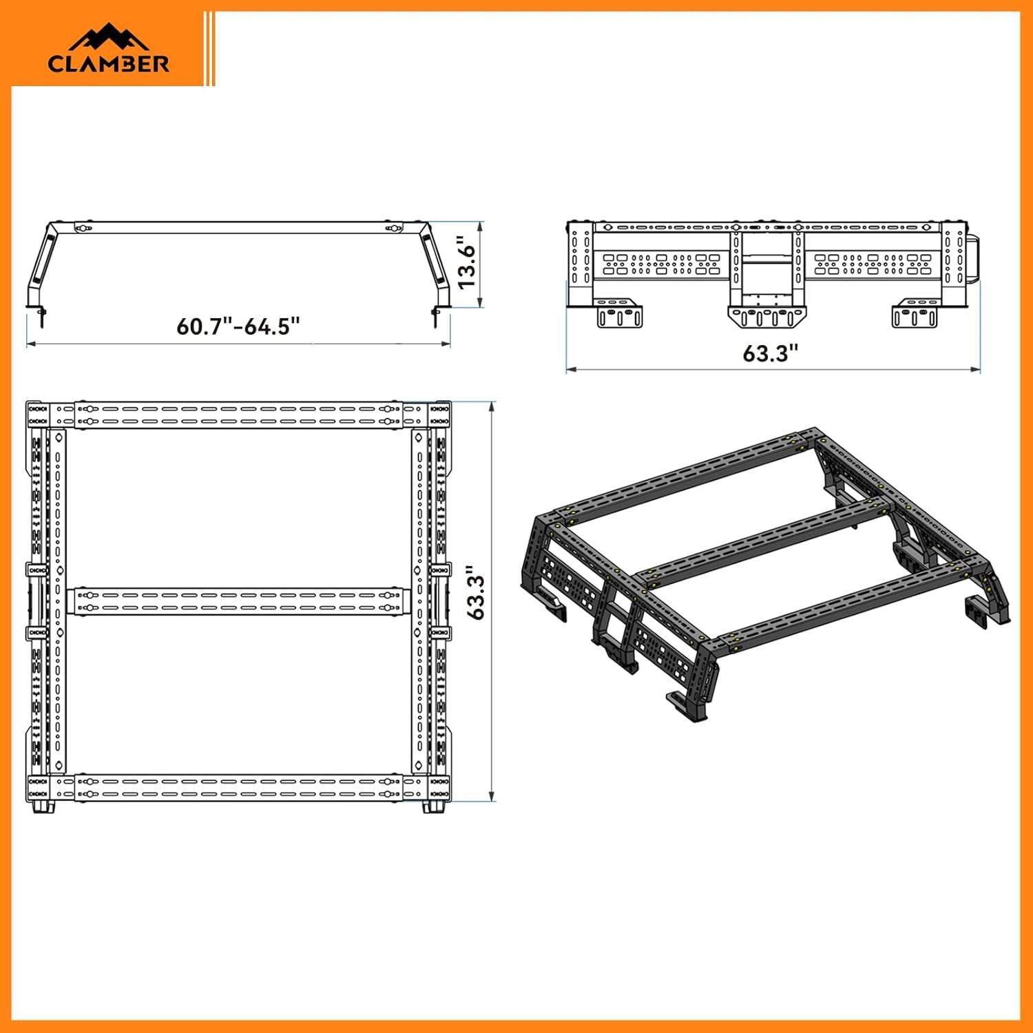 Overland Bed Rack for Full-Size Pickup With/Without Bed Rails | Adjustable Width Compatible with Ford F-Series,Silverado,Sierra,Ram, Titan & Xd,Tundra(See Image for Size Chart)