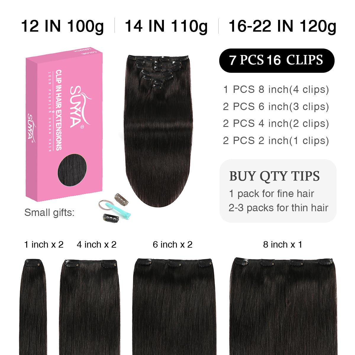 16 Inch 120G 7Pcs Clip in Hair Extensions, Straight Double Weft Natural Black (16 Inches #1B off Black)