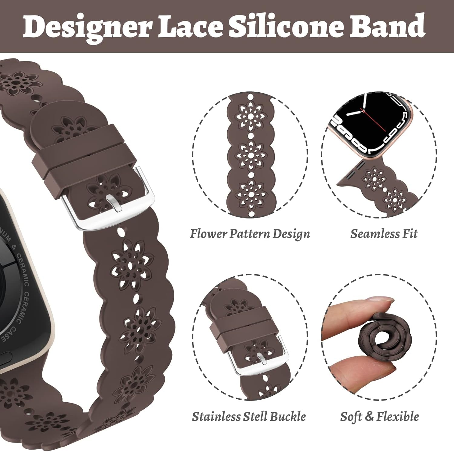 Floral Silicone Band Compatible with Apple Watch Bands 38Mm 40Mm 42Mm 44Mm 41Mm 45Mm 49Mm Women Men, Slim Hollow-Out Design Wristbands Soft Sport Breathable Watch Bands for Iwatch Ultra SE Series 9/8/7/6/5/4/3/2/1