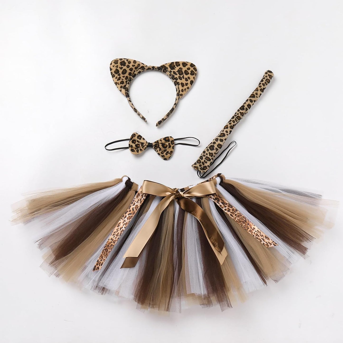 Baby Girls Jungle Animals Costume Tulle Tutu Skirt Ears Headband Bow Tie and Tail Set for Halloween Cosplay Dress Up