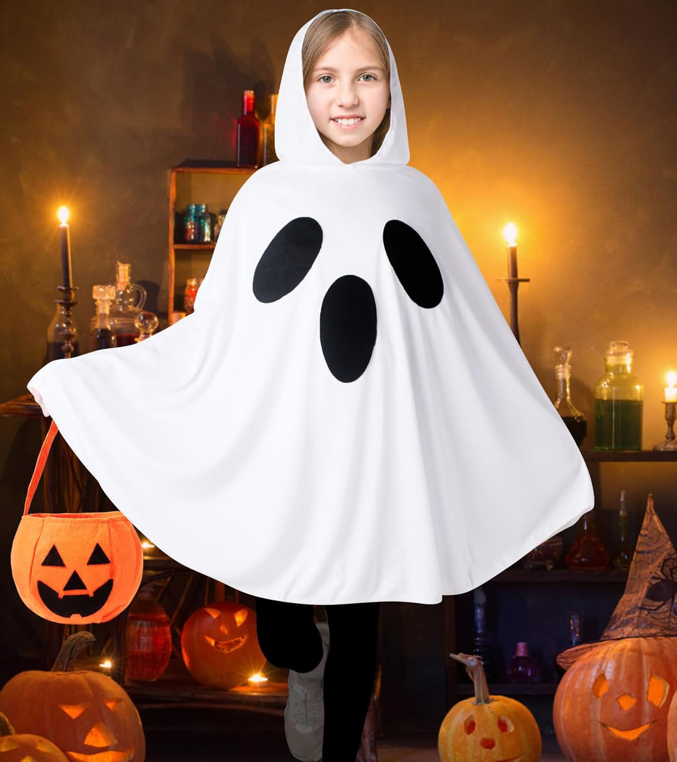 Ghost Costume for Kids,White Ghost Poncho Hooded Cape with Pumpkin Bag,Spooky Halloween Costume for Girls