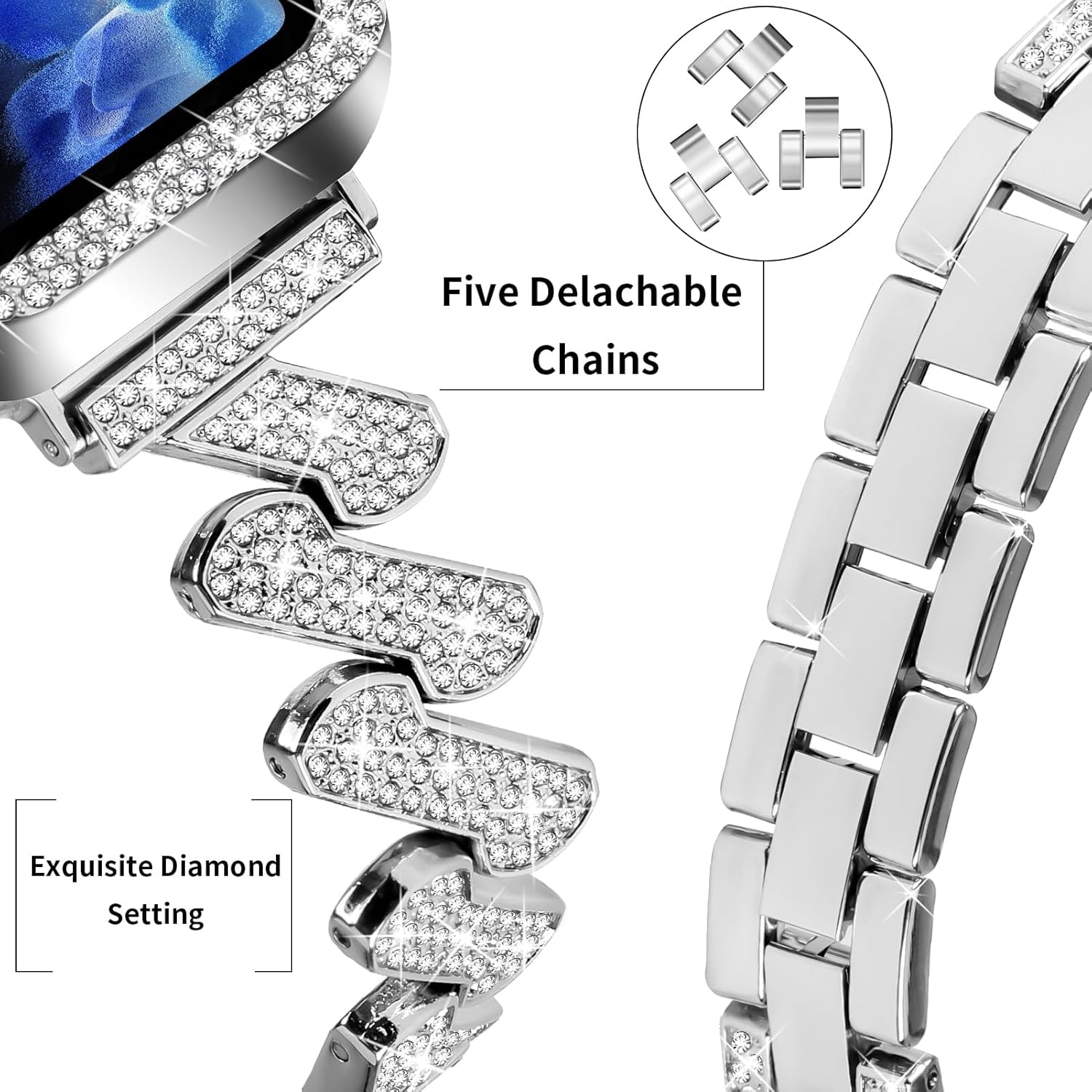Bling Bands Compatible with Apple Watch Band 38Mm 40Mm 41Mm 42Mm 44Mm 45Mm,Women Diamond Metal Strap Bands with Glitter Case Built-In Screen Protector for Iwatch Series 9/8/7/6/5/4/3/2/1/SE