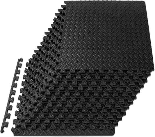 Puzzle Exercise Mat ½ In, EVA Interlocking Foam Floor Tiles for Home Gym, Mat for Home Workout Equipment, Floor Padding for Kids, Black, 24 in X 24 in X ½ In, 48 Sq Ft - 12 Tiles