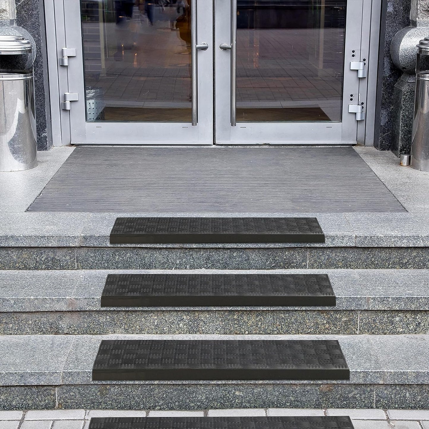 Indoor/Outdoor Hose-Wash Square Edge Design Non-Slip Rubber 10" X 30" Modern Stair Treads for Stairs, Garage, Patio, 5 Pack, Ridged Black