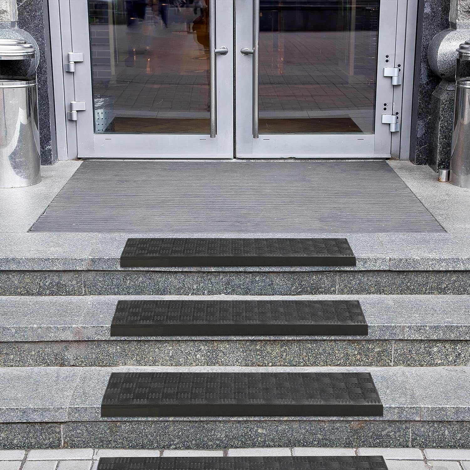 Indoor/Outdoor Hose-Wash Square Edge Design Non-Slip Rubber 10" X 30" Modern Stair Treads for Stairs, Garage, Patio, 5 Pack, Ridged Black