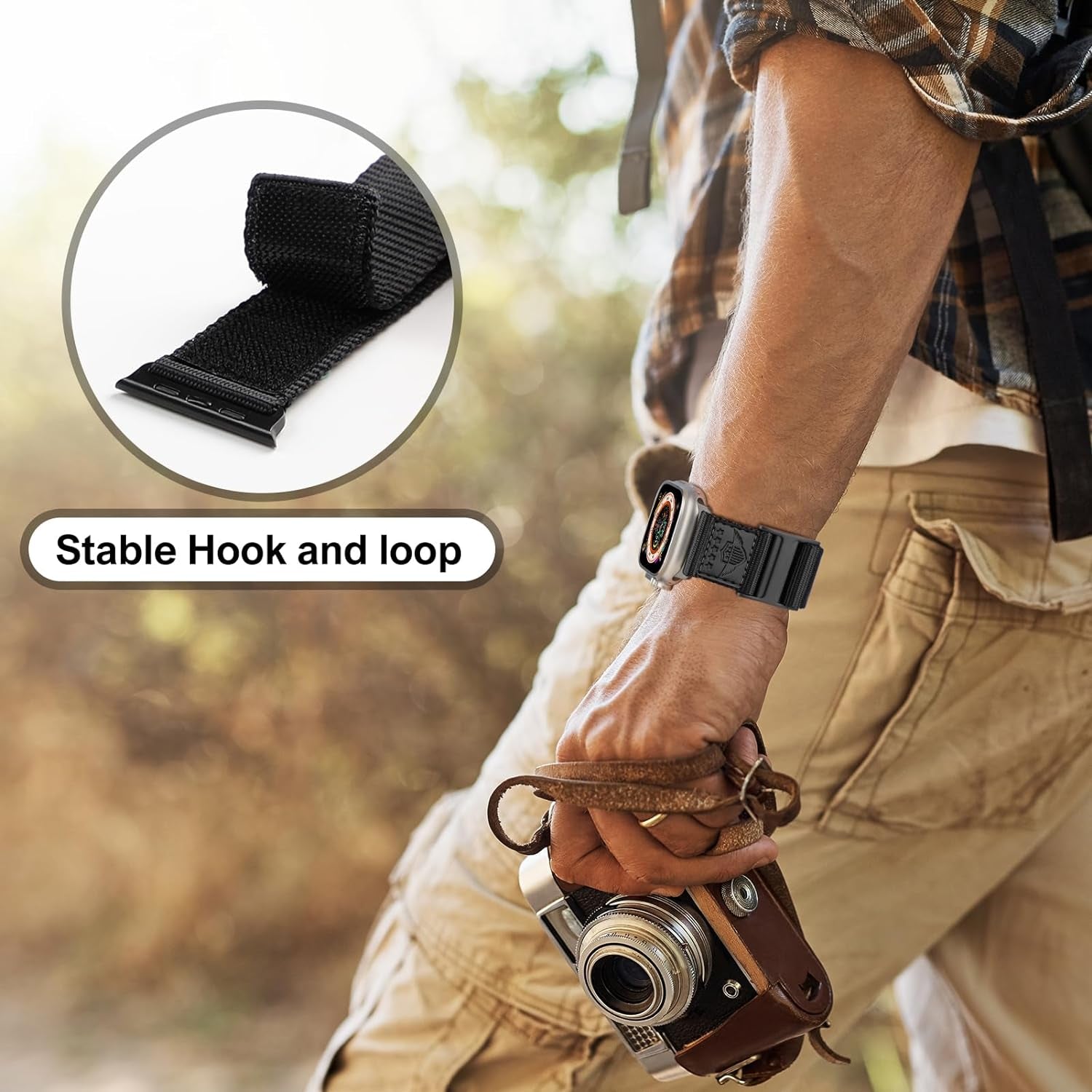 Rugged Nylon Band for Apple Watch Ultra Band 49Mm 45Mm 44Mm 42Mm,Soft Sport Loop Adjustable Wristbands Replacement Strap for Apple Watch Band Iwatch Ultra Series 8/7/Se/6/5/4/3/2/1,Leather Flag Black