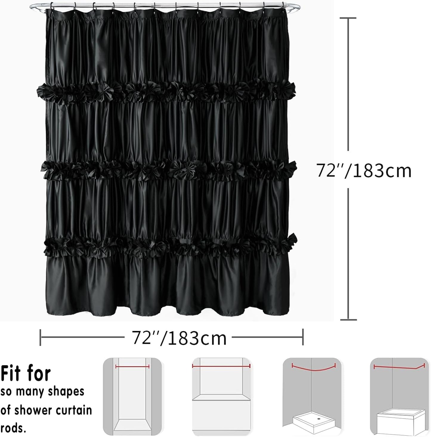 Black Ruffle Shower Curtain, Vintage Handcrafted Bow Tie Bath Curtain for Master Bathroom, Ruched Satin Bathroom Curtain with 12 Buttonholes, 72" W X 72" H (LQ-10)