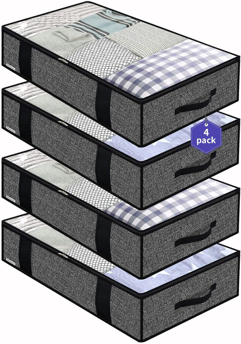 Foldable Underbed Bags 2 Pack - Blankets Clothes Comforters Storage Bag Breathable Zippered Organizer for Bedroom with Clear Window and 4 Handles, 39.4X19.7X5.9 In, Linen-Like Grey, MXDUBBP2