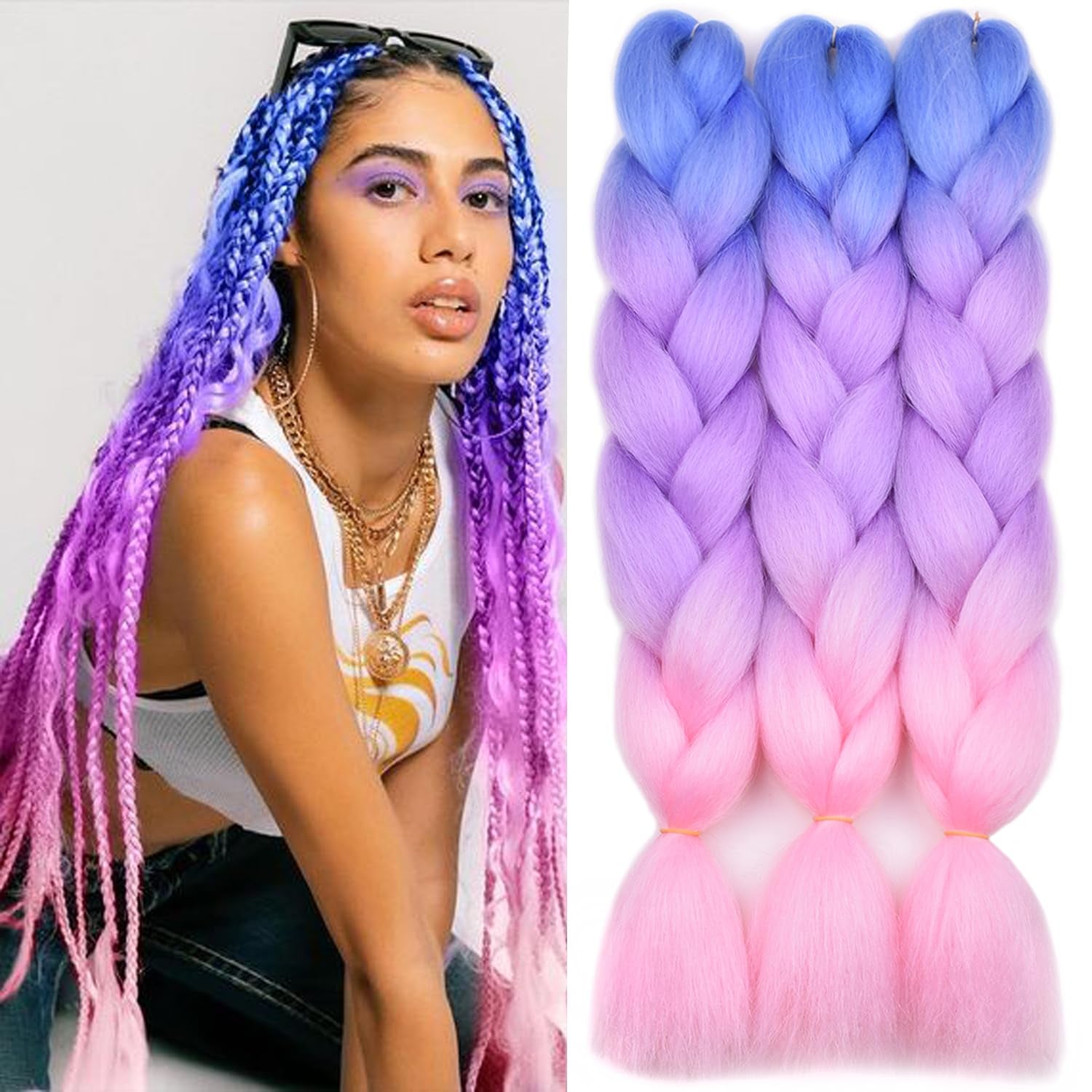 Ombre Braiding Hair Kanekalon Braiding Hair Extensions Pink 3Pcs Jumbo Braiding Hair for Box Braids 24Inch Blue/Purple/Pink