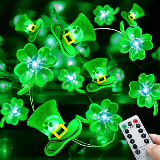 50LED Shamrocks Leprechaun Hat Lights for St Patricks Day Decorations, Battery Operated Green Lucky Clover Fairy String Lights for St Patricks Home Garden Indoor Outdoor Irish Decor (8 Modes)