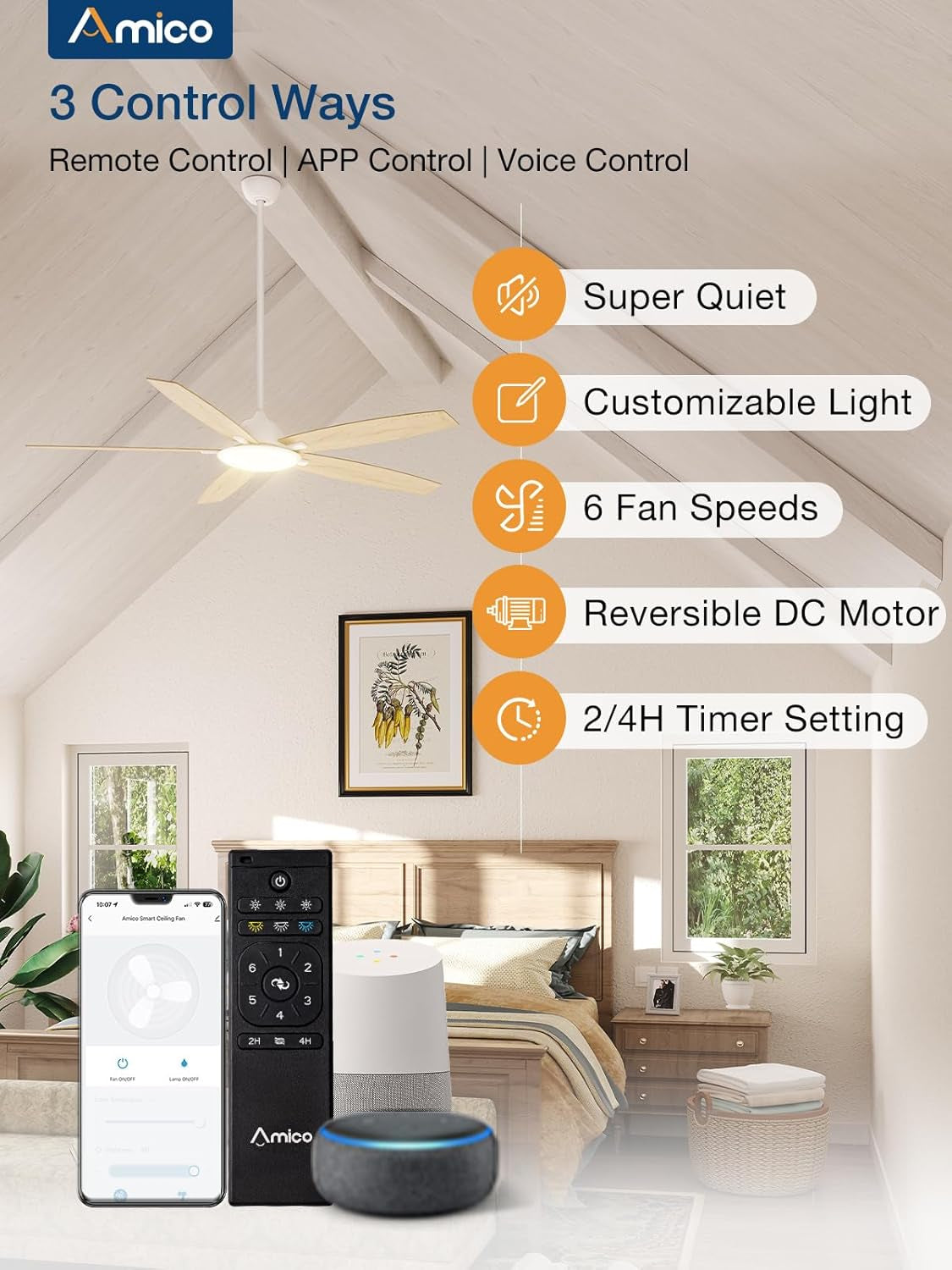 Ceiling Fans with Lights, 52'' Smart Ceiling Fan with Remote Control, Reversible DC Motor, 5 Blades, 6 Speeds, 3CCT, Dimmable, Noiseless, Alexa White Ceiling Fan for Bedroom, Kitchen, Farmhouse