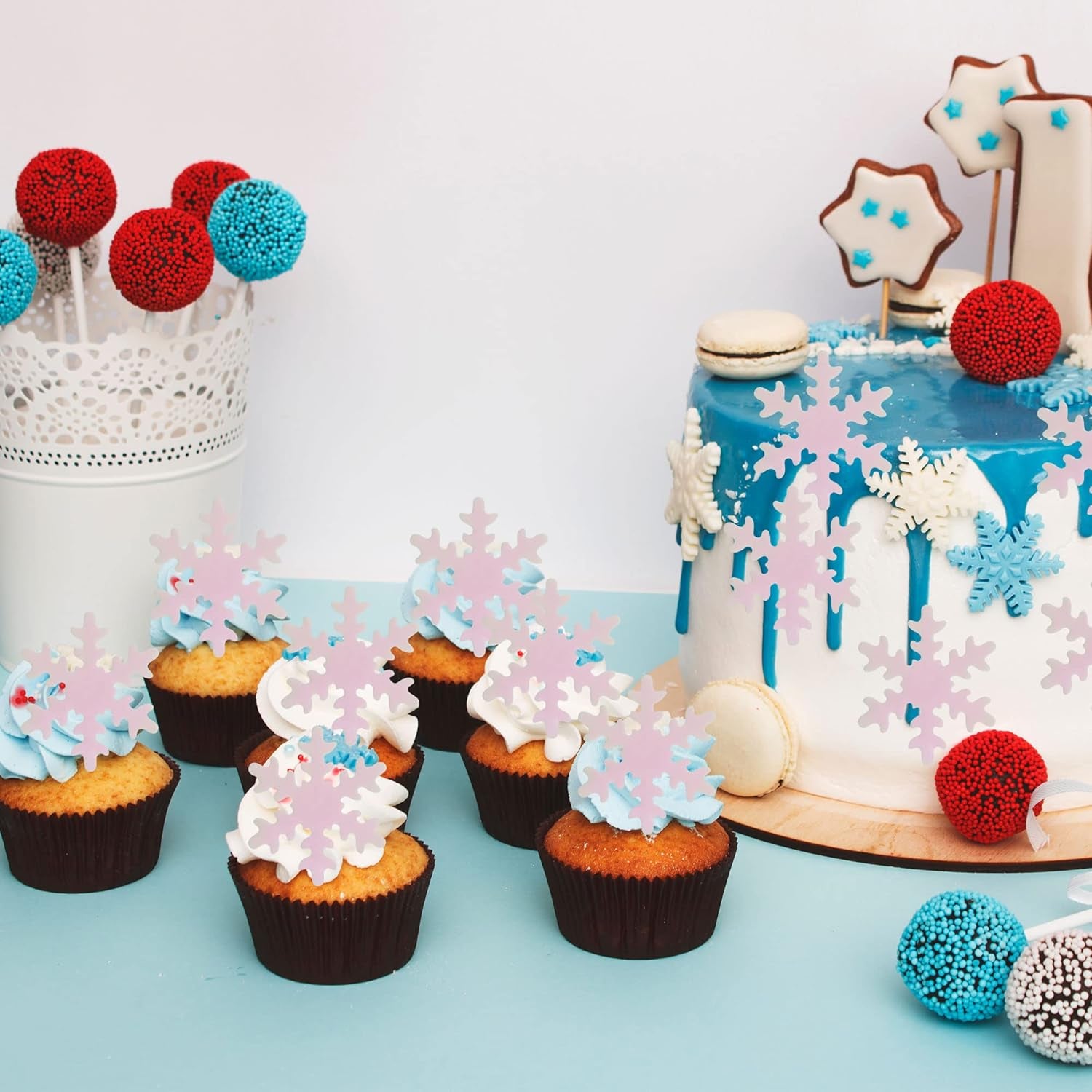 50Pcs Pink Edible Cupcake Cake Toppers Snowflake Cake Decorations for Christmas Winter Frozen Theme Party Supply Decoration
