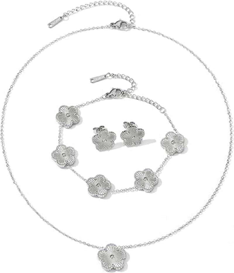 Clover Jewelry Set 18K Gold Plated Stainless Steel Necklace with Flower Design Four Leaf Clover for Women, Elegant Four Leaf Clover Necklace Floral Style Jewelry