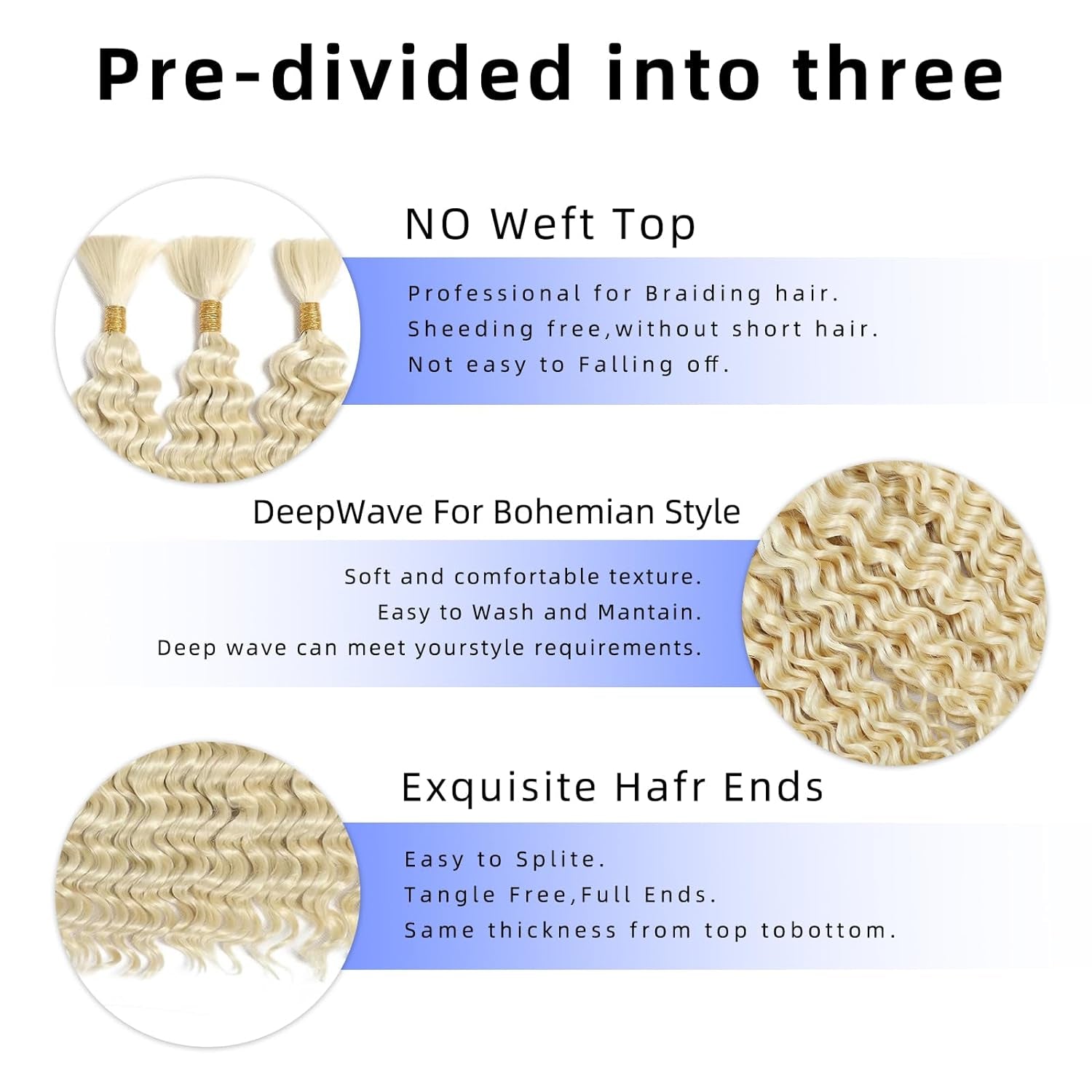 Langer 613 Blonde Human Braiding Hair Deep Wave Bulk Human Hair for Braiding No Weft Bundle 150G 3 Bundles/Pack 16A Brazilian Virgin Water Curly Human Hair Extensions for Braids Human Hair 18 Inch