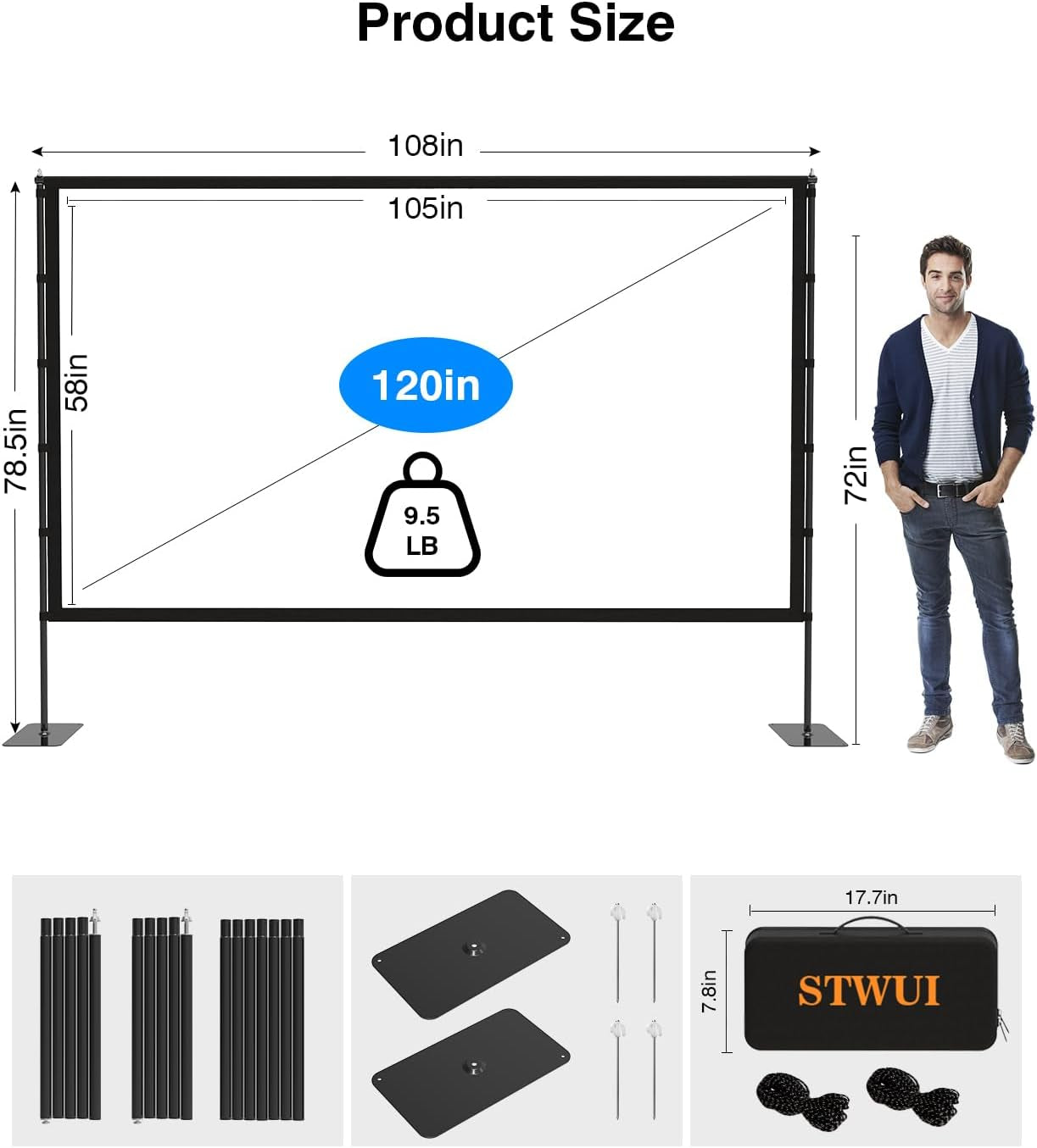 Outdoor-Projector-Screen-With-Stand - 120 Inch Portable Projector Screen Indoor Outdoor Projector Screen 16:9 4K HD Lightweight Movie Screen with Carry Bag for Backyard Movie Night