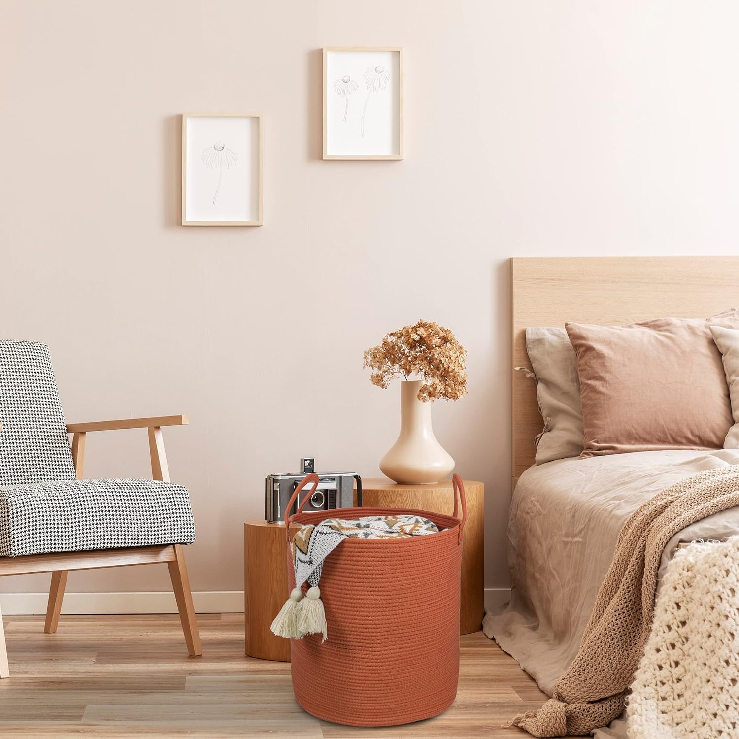 Cotton Rope Laundry Basket Hamper for Clothes Woven Storage Basket for Living Room Bedroom Boho Tall Rope Baskets for Blanket Toys Pillow Towels Baby Nursery Hamper Bin Large Rust Red