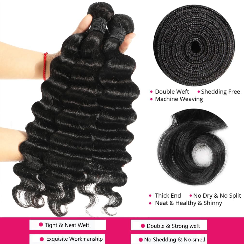 Human Hair Bundles 20 22 24 Inch Loose Deep Wave Human Hair 3 Bundles 100% Unprocessed Brazilian Virgin Human Hair Extensions 12A Grade Human Hair Extensions