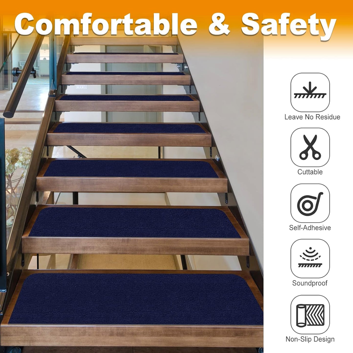 8X30In 15PCS Non-Slip Stair Treads Carpet, Self-Adhesive Stair Treads for Wooden Steps, Indoor Safety Staircase Step Treads, anti Slip Stair Runner Mats for Elders, Kids and Dogs (Navy Blue)