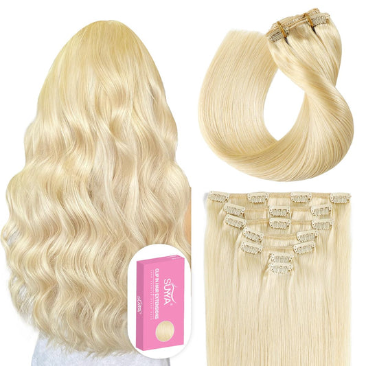 Clip in Hair Extensions Real Human Hair,Bleach Blonde Clip in Hair Extensions Straight Human Hair Clip in Extensions Double Weft Hair Extensions Clip Ins 7Pcs 120G (16 Inches #613 Bleach Blonde)